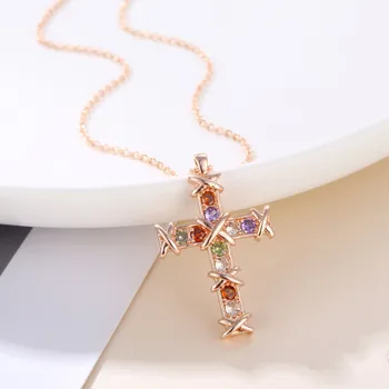 2021 Jesus Cross Vintage Style Men's Pendant Small Diamond Colorful Rose Gold O-Shaped Zircon Necklace