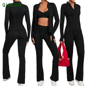 Hot Selling High Elasticity Yoga 3-Piece Stand up Collar Jacket Tight Fitting Fitness Suit Indoor Pilates Yoga Set for Women