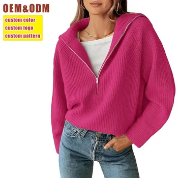 Custom Women's Casual Long Sleeve Half Zip Pullover Sweaters Solid V Neck Collar Rib Knitted Loose Slouchy Knit Jumper Tops