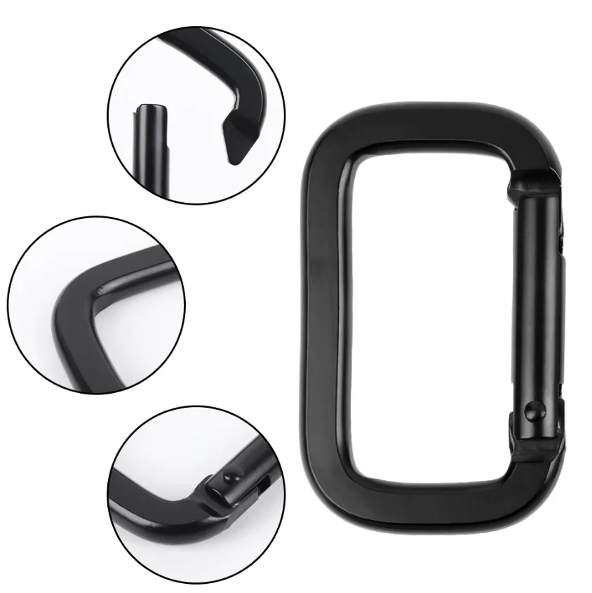 Oxidation Keychain Aluminum Flat Hooks Carabiner 50mm Black Locking Square Carabiner With Strap