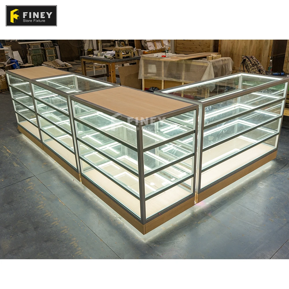 Customized Glass Display Showcase Wood LED Light Glass Retail Counter  Beauty Checkout Reception Counter Modern Showroom Vitrine