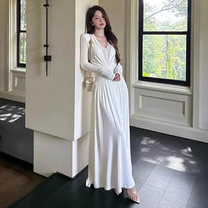 ZYHT 73927 Customization Clothes Factory Autumn Long Sleeve Soft Knitted Stretch White Black Lace Maxi Gown Casual Dress