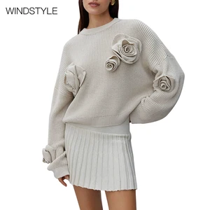 OEM/ODM Women's Casual Long Sleeve Loose Knit Top Three-Dimensional Floral Flower Stitching Design Sweet Style for Autumn Season