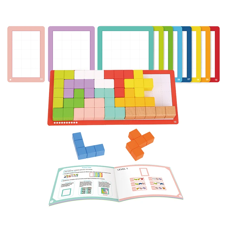 Wooden Sliding Puzzle Cube Building Blocks Geometric Shape Matching Board Educational Toys for Kids