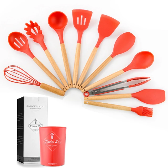 Silicone Kitchen Utensils Set - 11 Pcs BPA Free Cookware with Wooden Handle and Holder