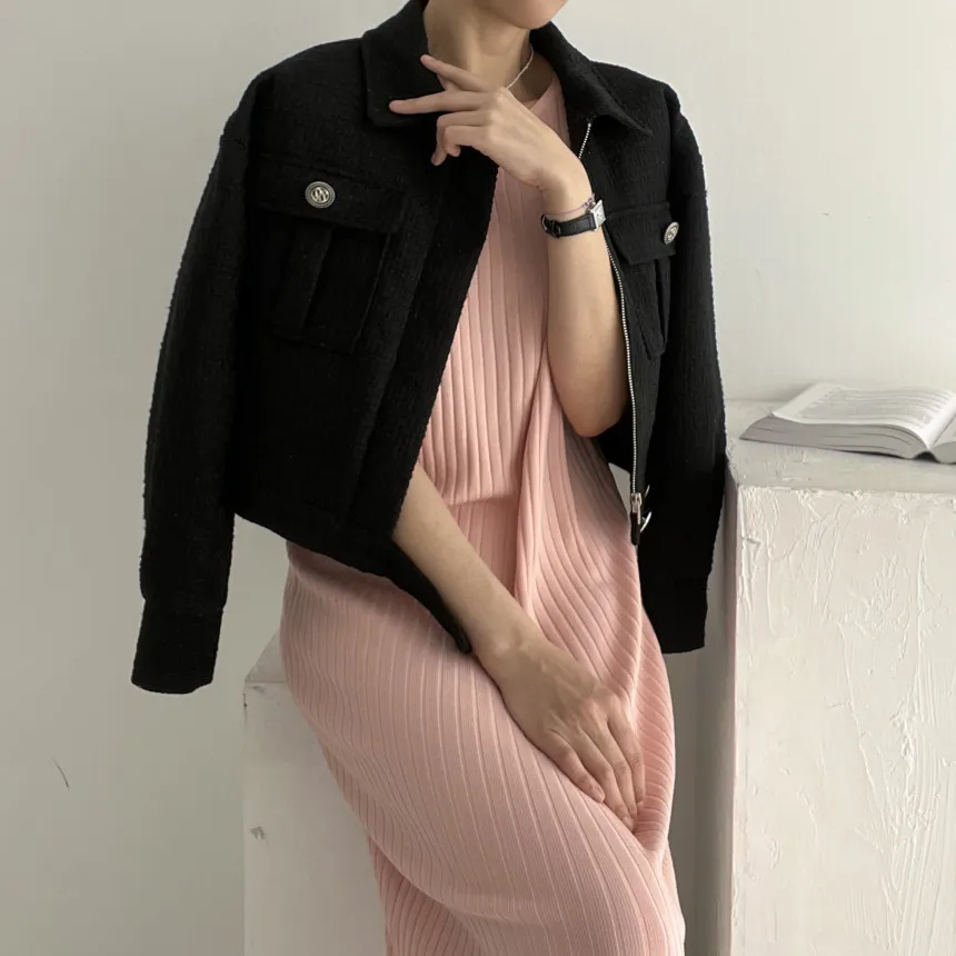 2024 Autumn New Item Lapel Double Pocket Loose and Versatile Long Sleeved Zipper Coarse Woolen Women's Coat_voghion.com