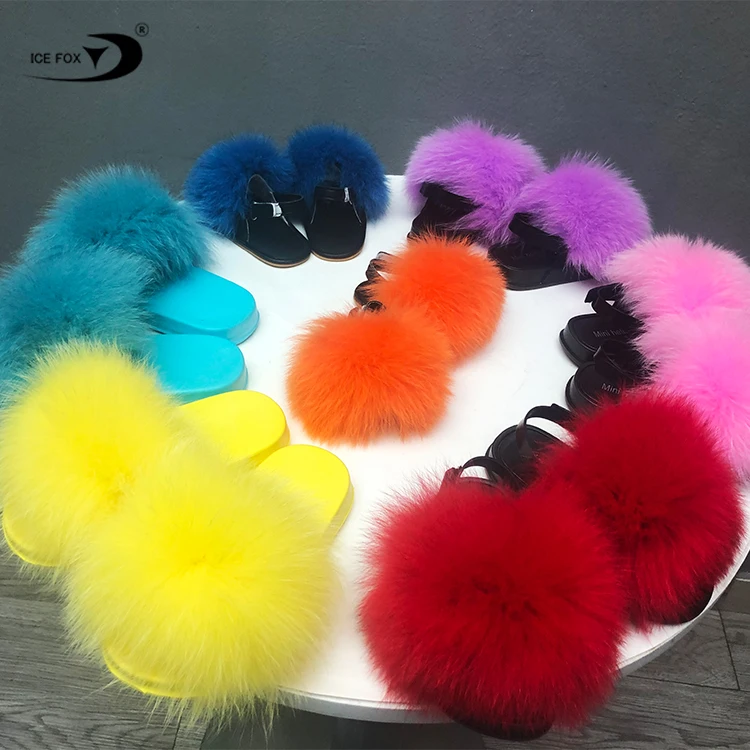 Factory Price 2021 New Colorful Real Fox Fur Sandals With Strap Toddler Kid Fur Slides