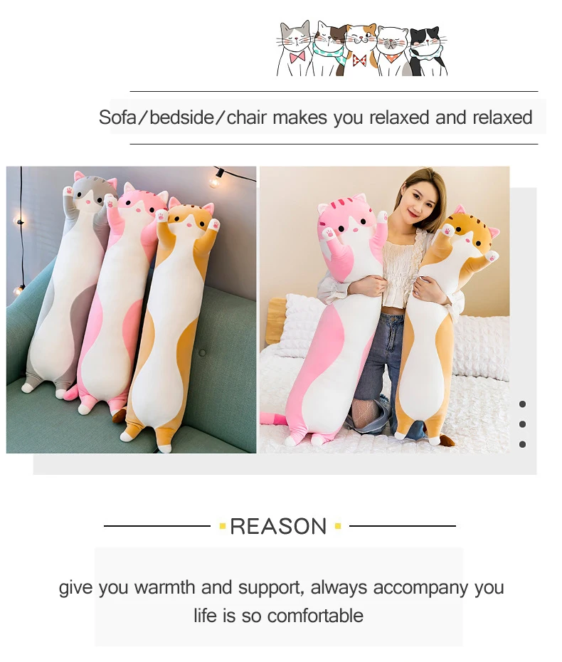 Lovely Plush Cat Doll Cute Cartoon Soft Stuffed Kitten Pillow Long