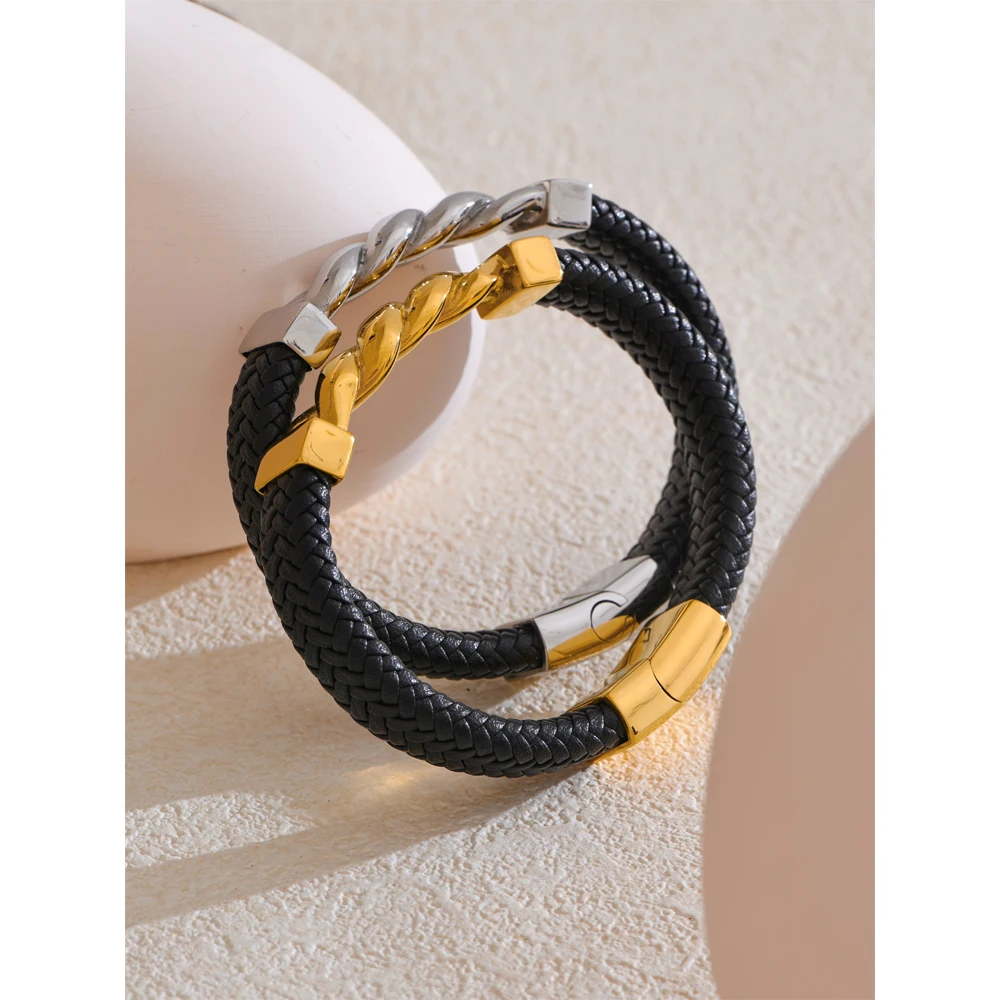 Rockyu Men's Stainless Steel Bracelet - 18k Gold Plated, 3-Strand Wide Design, 7.9 Inch
