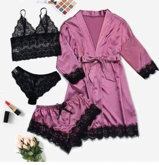 4 piece Sexy Nighty Free Sex Women Hot Sleepwear Silk Nightwear For Girls Spandex Lace Adult Pajamas Lingerie satin sleepwear