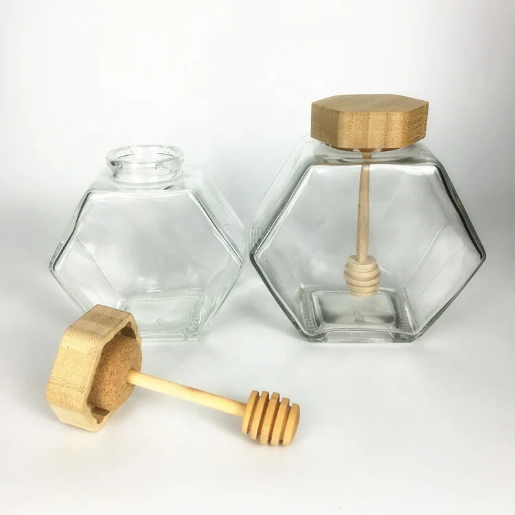 Empty glass hexagon honey jars bulk with dipper lid 220ml 380ml