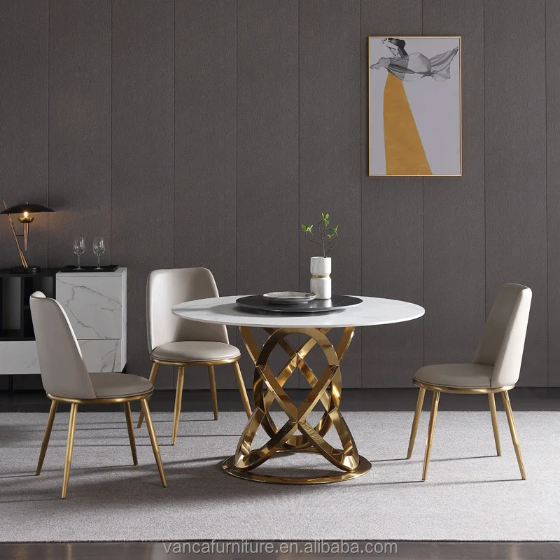 Modern Table Restaurant Luxury Stainless Steel Gold Base Round Slate