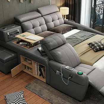 Smart Bed Modern Luxury King Size Platform Smart Genuine Leather Bed  Multifunctional for Storage Lit 2 Places Intelingent