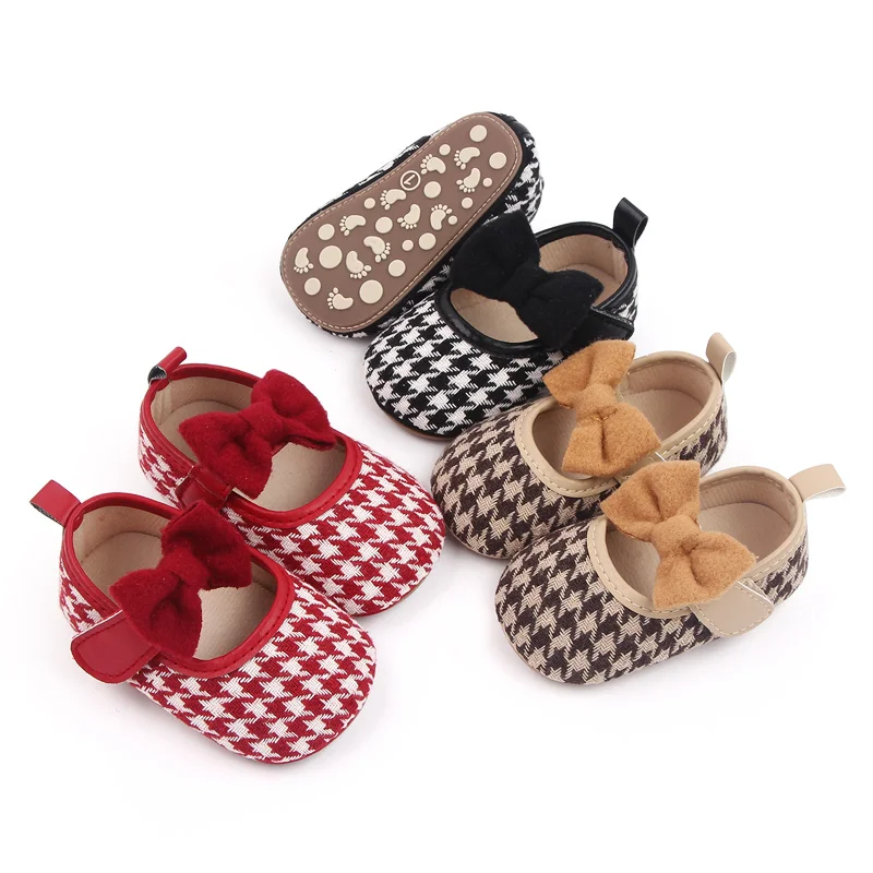 Plush Large Bow Thousand-bird Plaid Vintage Princess Soft-soled Toddler Shoes for Baby Girls