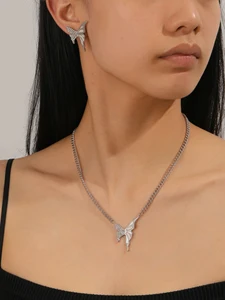 Wholesale Necklace Zircon Earring With Butterfly Elements Waterproof and Sweatproof Stainless Steel Jewelry
