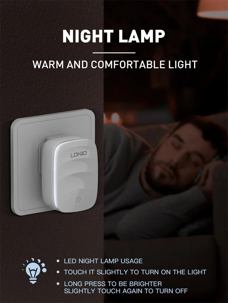 LDNIO A2425C TRAVEL CHARGER US EU UK PLUG 20W PD CHARGER WITH SOFT NIGHT LAMP