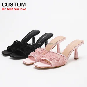 1828-9 Summer Sexy Fashion Flower Lace square Open Toe High Heeled Slippers Sandals Shoe for Lady