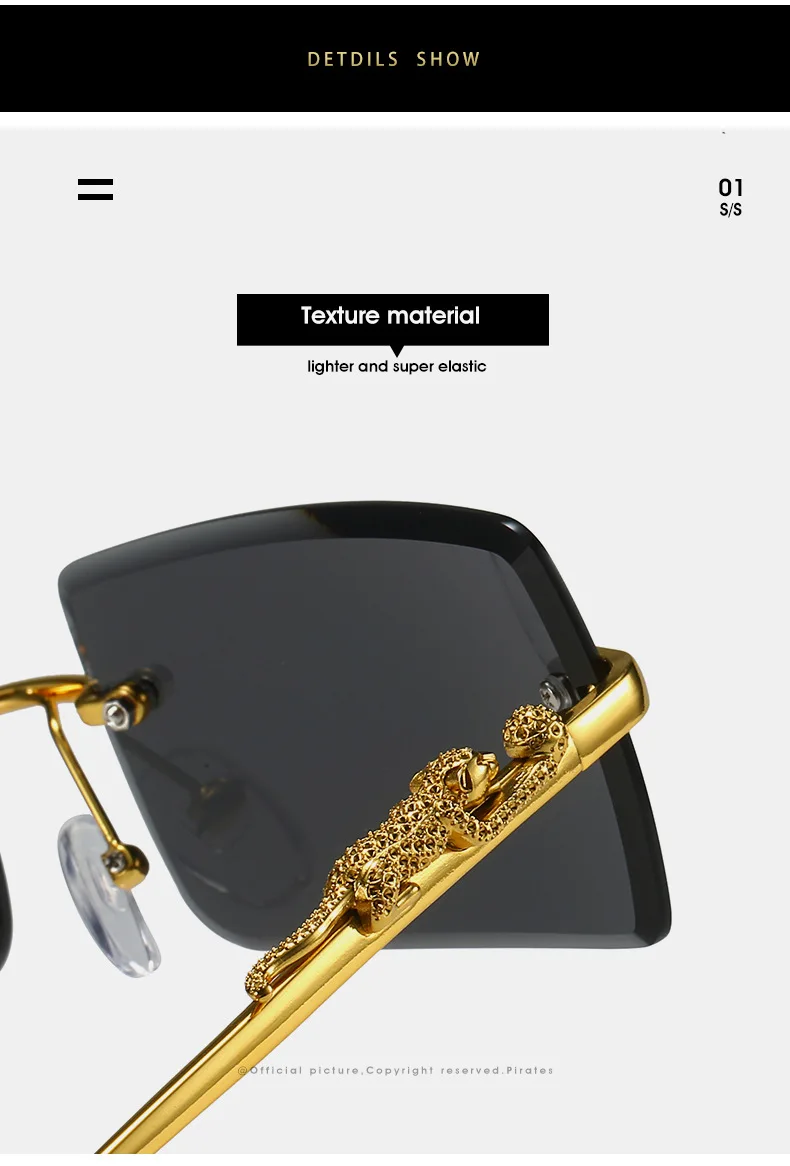 Luxury Rimless Black Shield Sunglasses Gold Panther Detail Y2K Paskhali Premium Panther Gold Edition Luxury Sunglasses  main image 3
