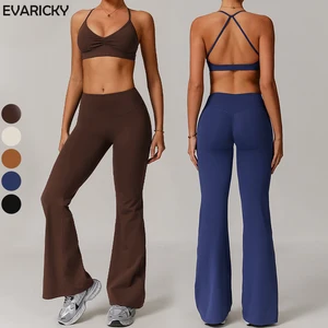 Women's High Quality 2-Piece Yoga Suit Wholesale Backless Cross Front Wrinkled Sports Bra Breathable Flared Pants Solid Pattern