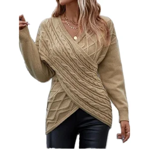 Women's Sweater New V-Neck Long Sleeve Overlap Casual Breathable Autumn Solid Color Warm Elegant Knitted Sweater