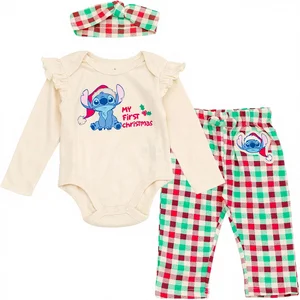 For Christmas Baby Girls Bodysuit Pants Headband 3-Piece Outfit Set Newborn to Infant Sizes (Newborn-24 Months) Made in China