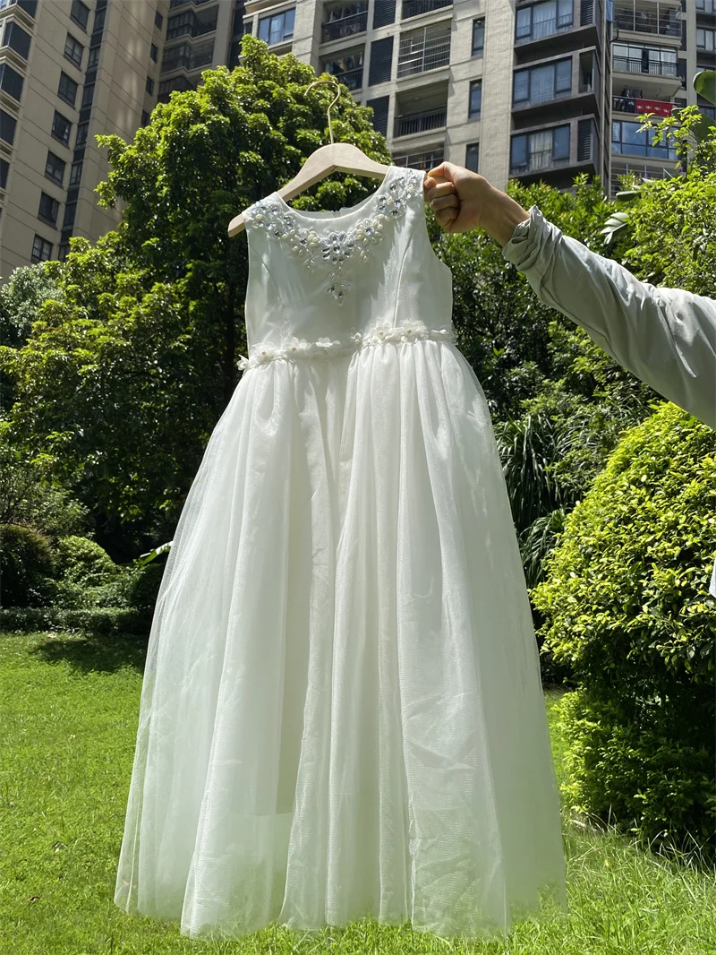 New High Quality Princess Children Long Wedding Dress Angel Sleeveless  White Puffy Flower Girls Fashion for Years Old