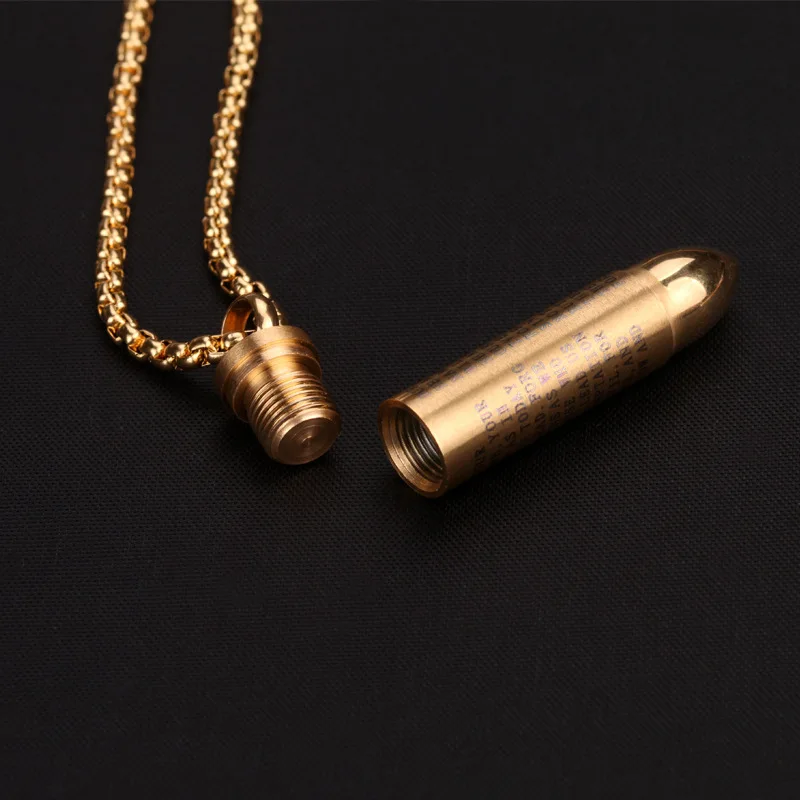 Gold Plated Hip Hop Necklace Unisex Titanium Steel Bullet-Shape Necklace Openable put Bone Ash or Perfume Family Necklace