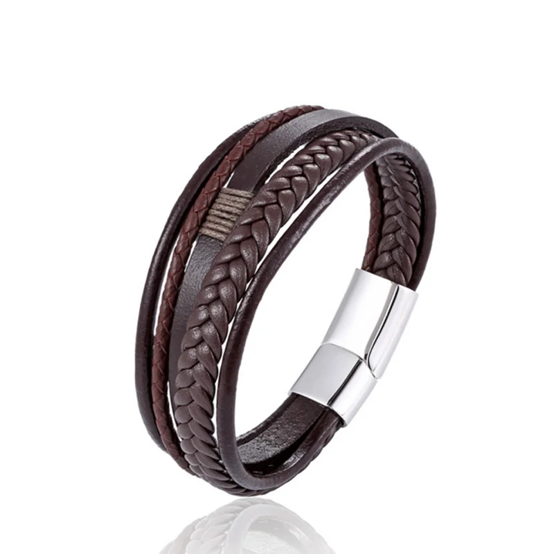 Mens Braided Leather Bracelet Mens Leather Bracelet Simple Brown Braided Leather Bracelet with Stainless Steel Magnetic Clasp,