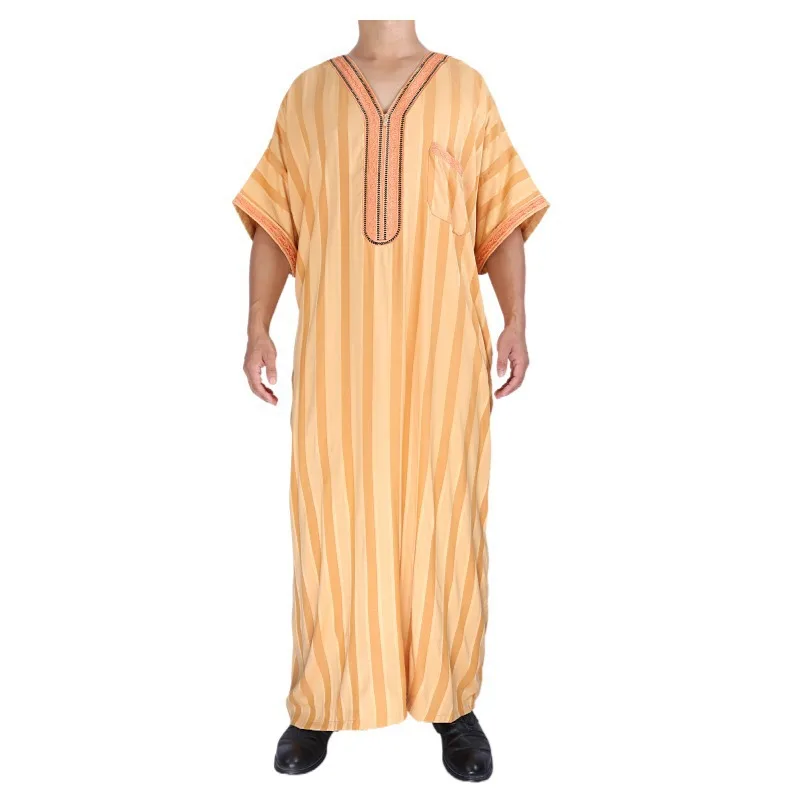 2024 Moroccan Style Men's Delicate Embroidered Caftan Stripe Pattern Short Sleeve Men Thobe Africa Clothing  Islamic Robe