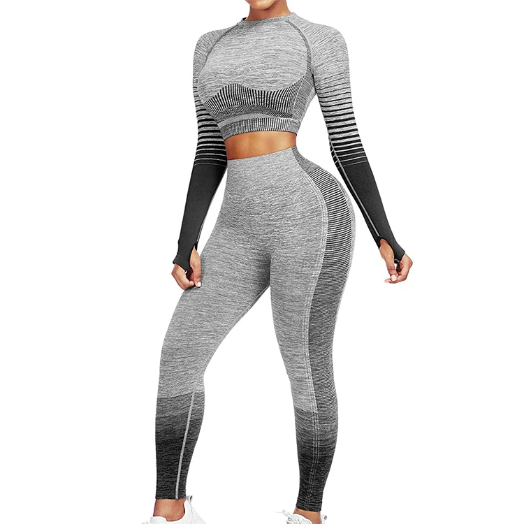 Workout Set 2 Piece Tracksuit Body Building Seamless High Waist Leggings and Long Sleeve Crop Top Yoga Activewear Set