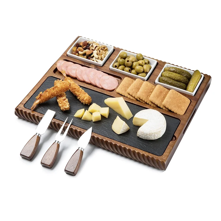 Acacia Wood Charcuterie Board and Cheese Serving Plate Cheese Board with Black SLATE Blade and 3 Stainless Steel Cutlery Set
