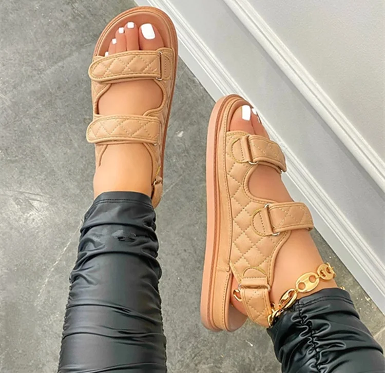 Женские босоножки на плоской подошве пляжные сандалии с открытым носком и двумя ремешками без застежек мягкой Новое поступление