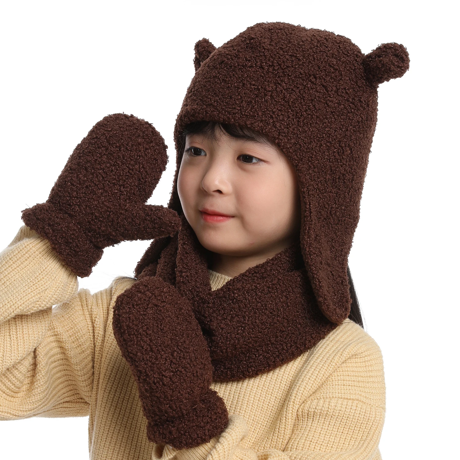 Kids Girls Scarf Sets Winter Fox Ears Handmade Beanie Hat 1~10 Years main image 1