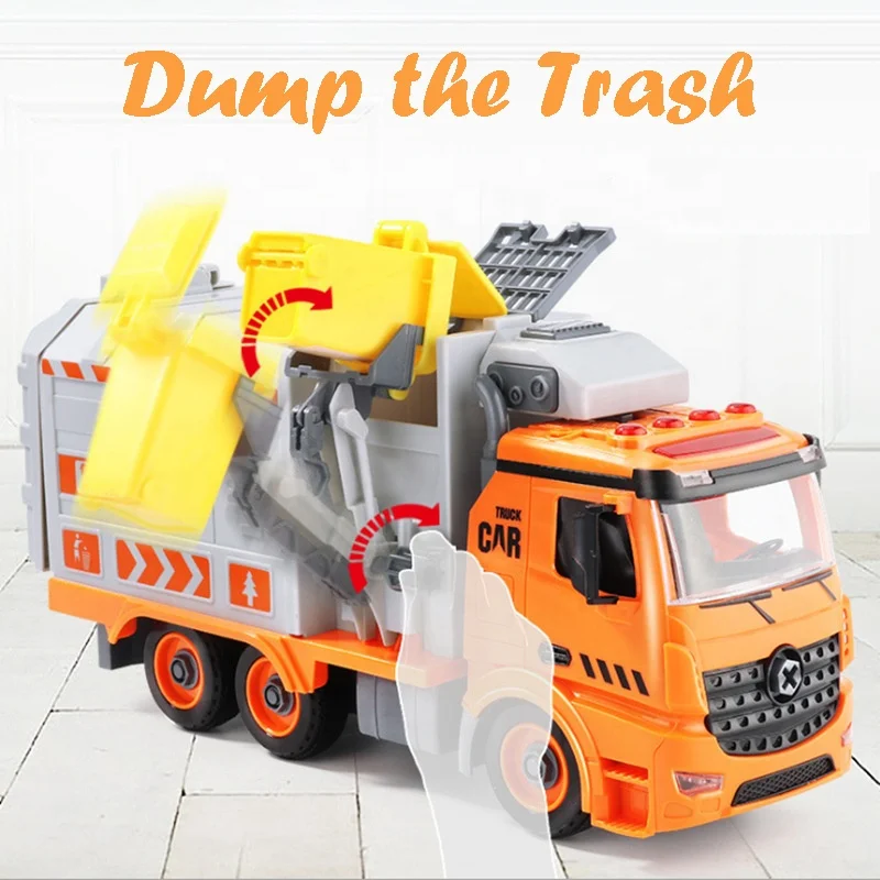 Scale 1/12 Assembly Friction Powered 4 Buttons Light and Music Big Size Garbage Truck STEM Vehicle Toys for Kids