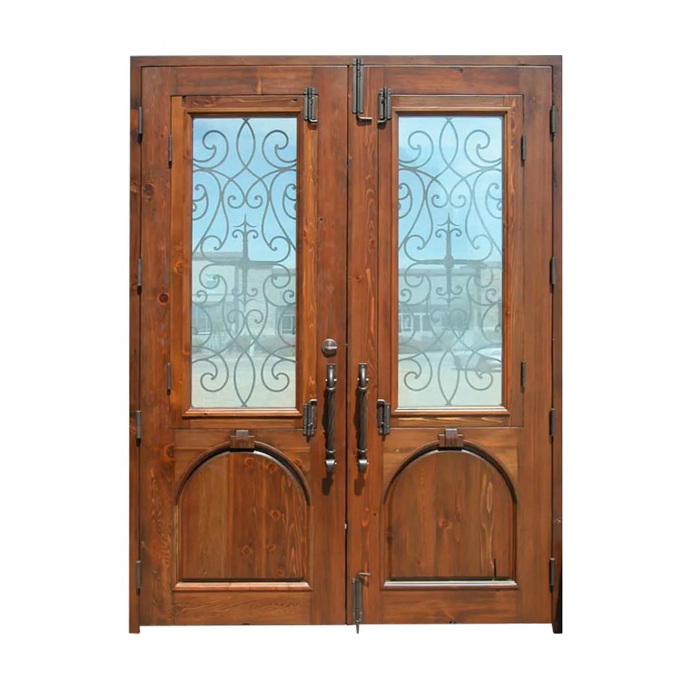 100 Solid Wood Wrought Iron Insert Glass Main Front Double Door Design Buy Wrought Iron Front Doors Main Double Door Wooden Wrought Iron Wood Door Product On Alibaba Com