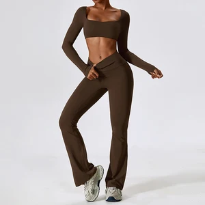 Custom High Quality Quick Dry  Yoga Flare Pants Set with Long Sleeve Square Neck Top 2 Piece Workout Outfit