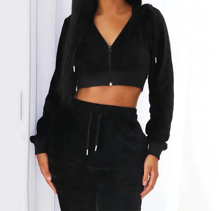 New Stylish Custom Logo Tracksuit Crop Tops Sweatshirt and Jogging Sweatsuit 2 Piece Set Women Velvet Tracksuits for Women