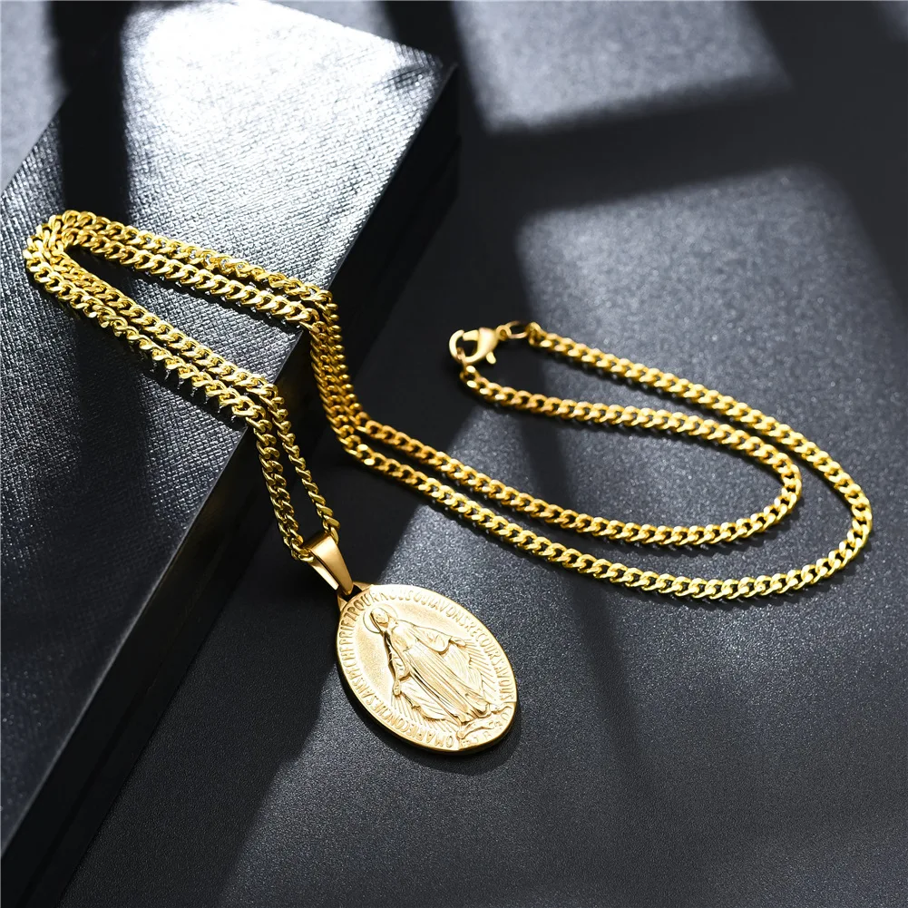 Hip Hop Maria Oval Necklace Titanium Steel Virgin Mary Pendant Necklace for Women