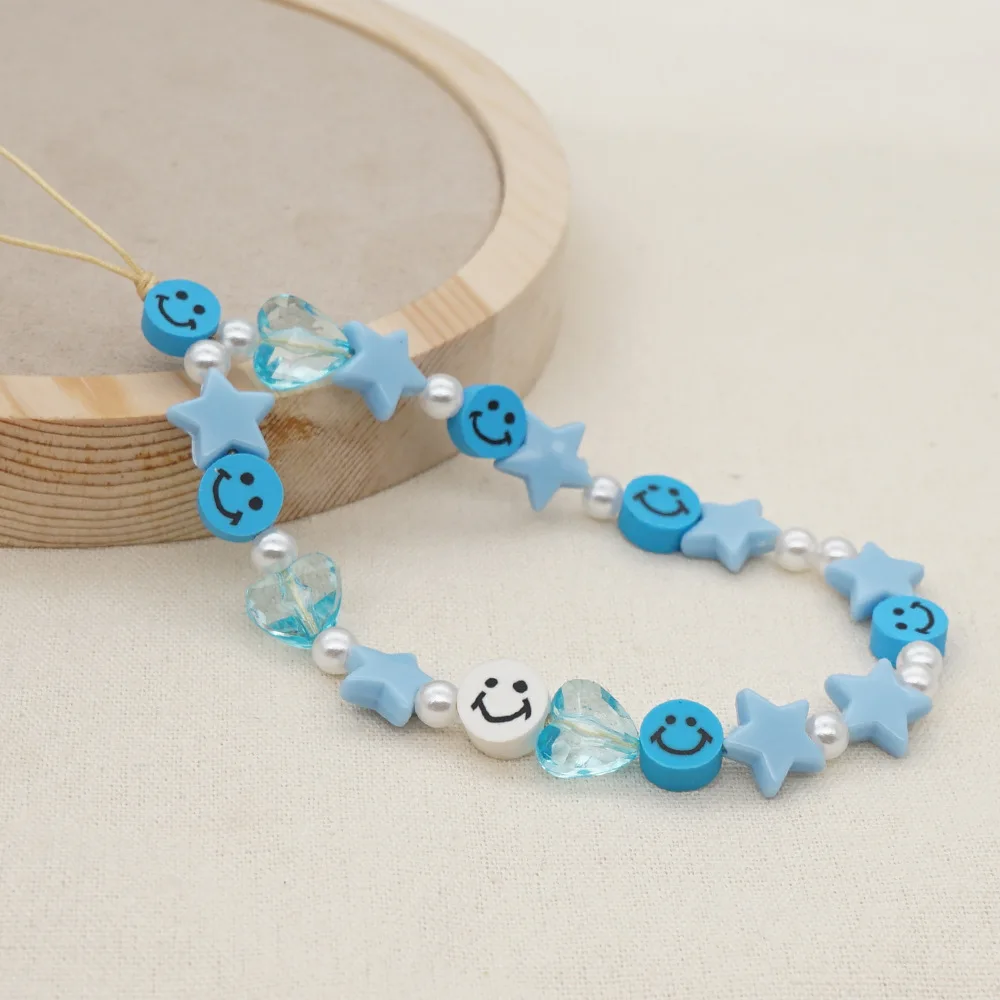 New Trendy Pink Blue Smile Face Beads Lanyard Custom Cute Diy Star Beaded Phone Strap Handmade Phone Chain
