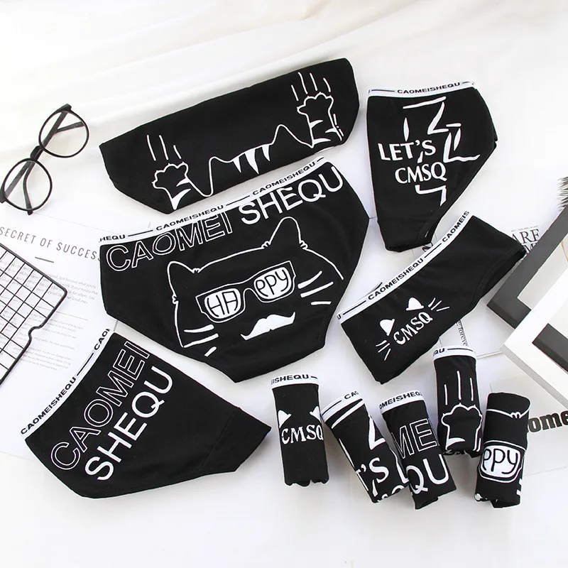 Cheap Printed Cute Cat Cartoon Pattern Briefs Black Low Waist Cotton Panties Women Underwear
