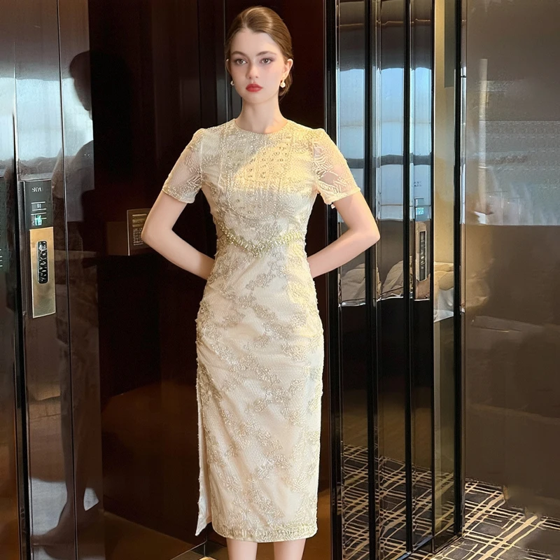 slim fit dress slacks Luxury Sparkling Prom Beaded Lace Dress main image 0