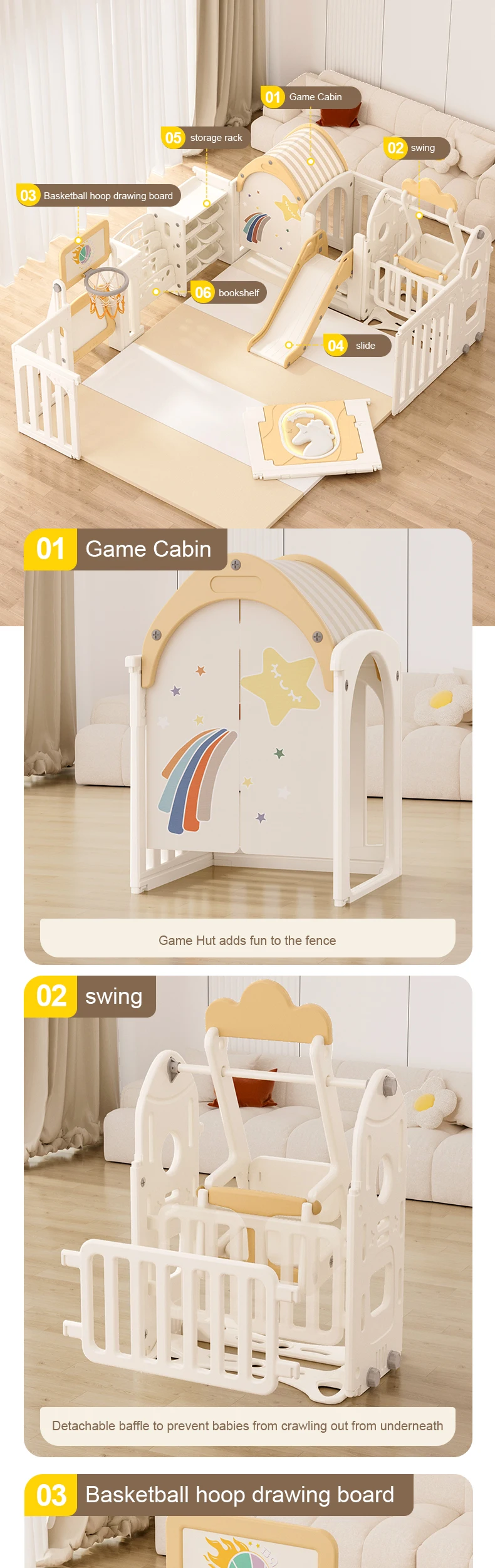 Feelkids Tianma Children Plastic square Indoor with Gate Folding Play Yard Large Acrylic Safety Fence for Baby Kids' Playpens details