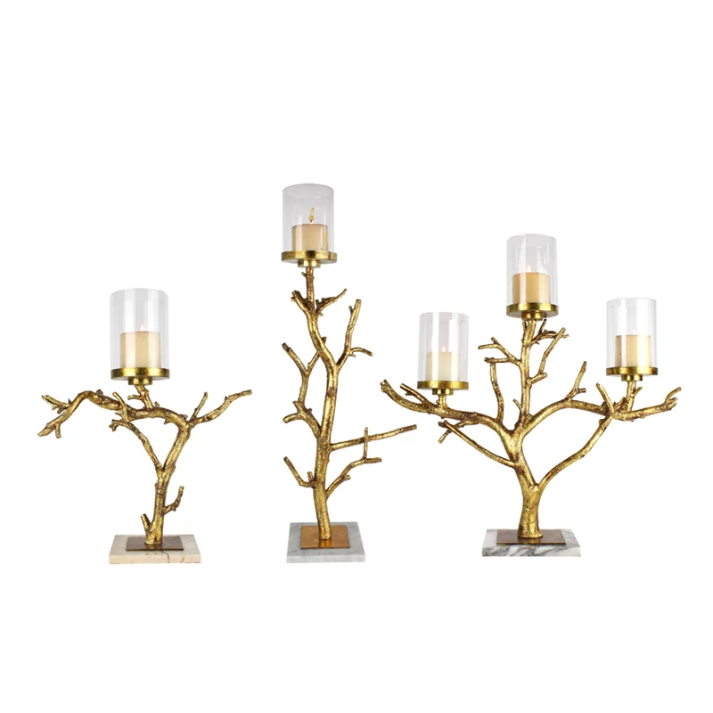 3D Resin Gold Tree Branches statue Hurricane Glass Cover Candle Holder on Marble Base Home Decor