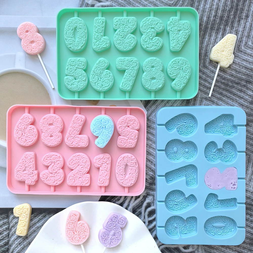 Rose Pattern 0-9 Numbers Shape Lollipop Silicone Mold