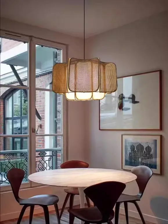 Japanese Wabi-sabi Style Creative Cloud Stone Design Rattan Woven Pendant Light Zen Living Room Restaurant Chandelier for Home