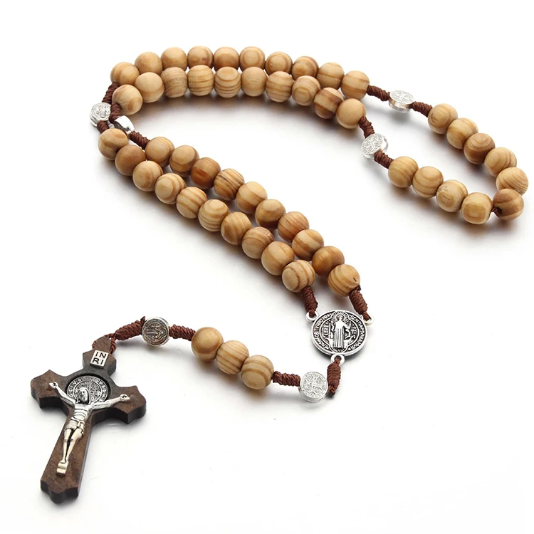 Necklace Wooden Beads Wood Prayer Cross 