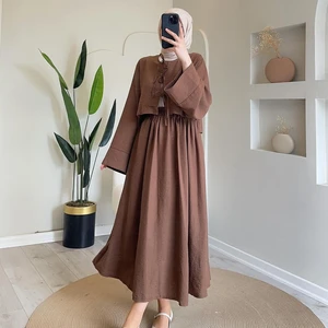 2025 Casual Loose Khaki Muslim Woman Clothes Fashion Lace-Up Shirt With High Waist Long Skirts Set 2 Piece Sets Women Outfit
