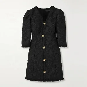 Clothing Manufacturer Custom Spring Autumn Black v Neck Short Sleeve Embroidered Tweed Women Mini Dress