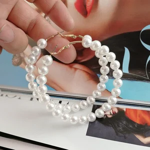 Geometric Simple Temperament Female Stainless Steel Jewelry Big Round Pearl Earrings Retro European American Pearl Hoop Earrings