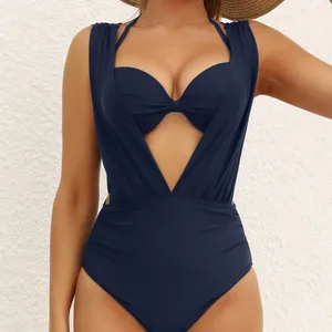 New Summer Women's Sexy and Fashionable Solid Color Deep V Gathering High Waist Slimming One-piece Swimsuit